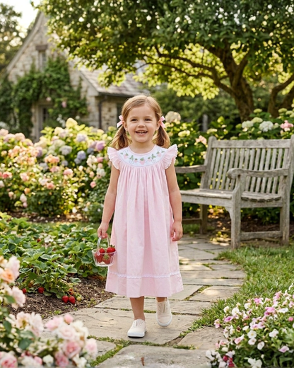 Pink Strawberry Vine Smocked Bishop Dress