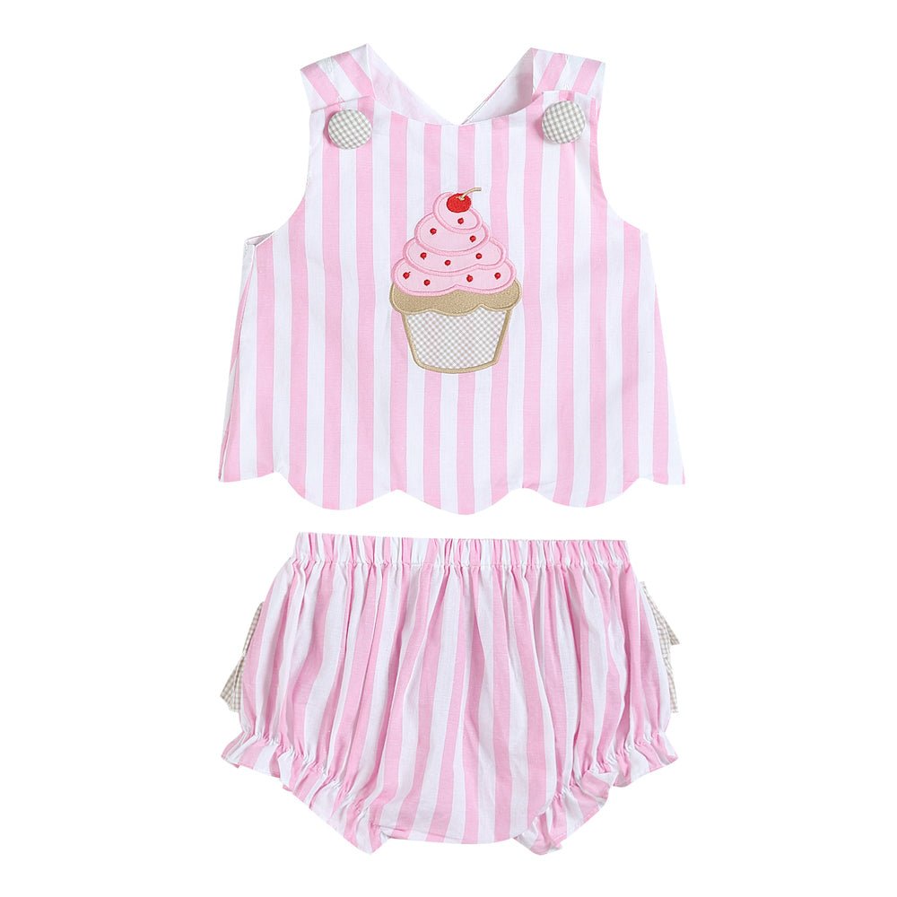 Pink Stripe Cupcake Applique Top &amp; Bloomer Set