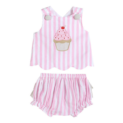 Pink Stripe Cupcake Applique Top &amp; Bloomer Set