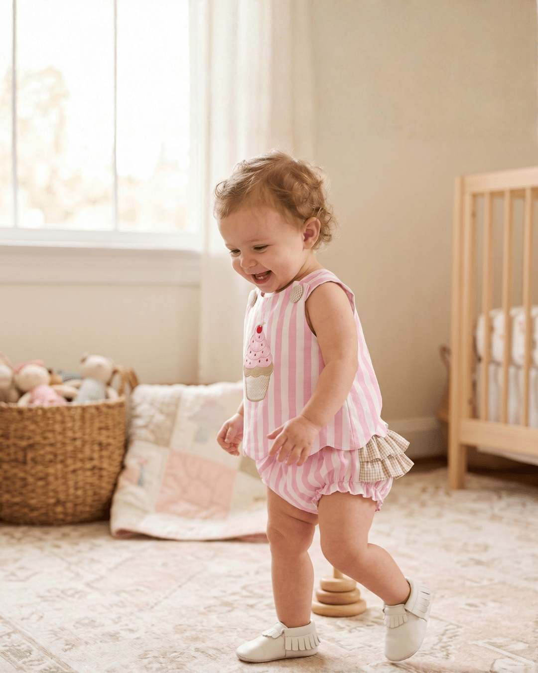 Pink Stripe Cupcake Applique Top &amp; Bloomer Set