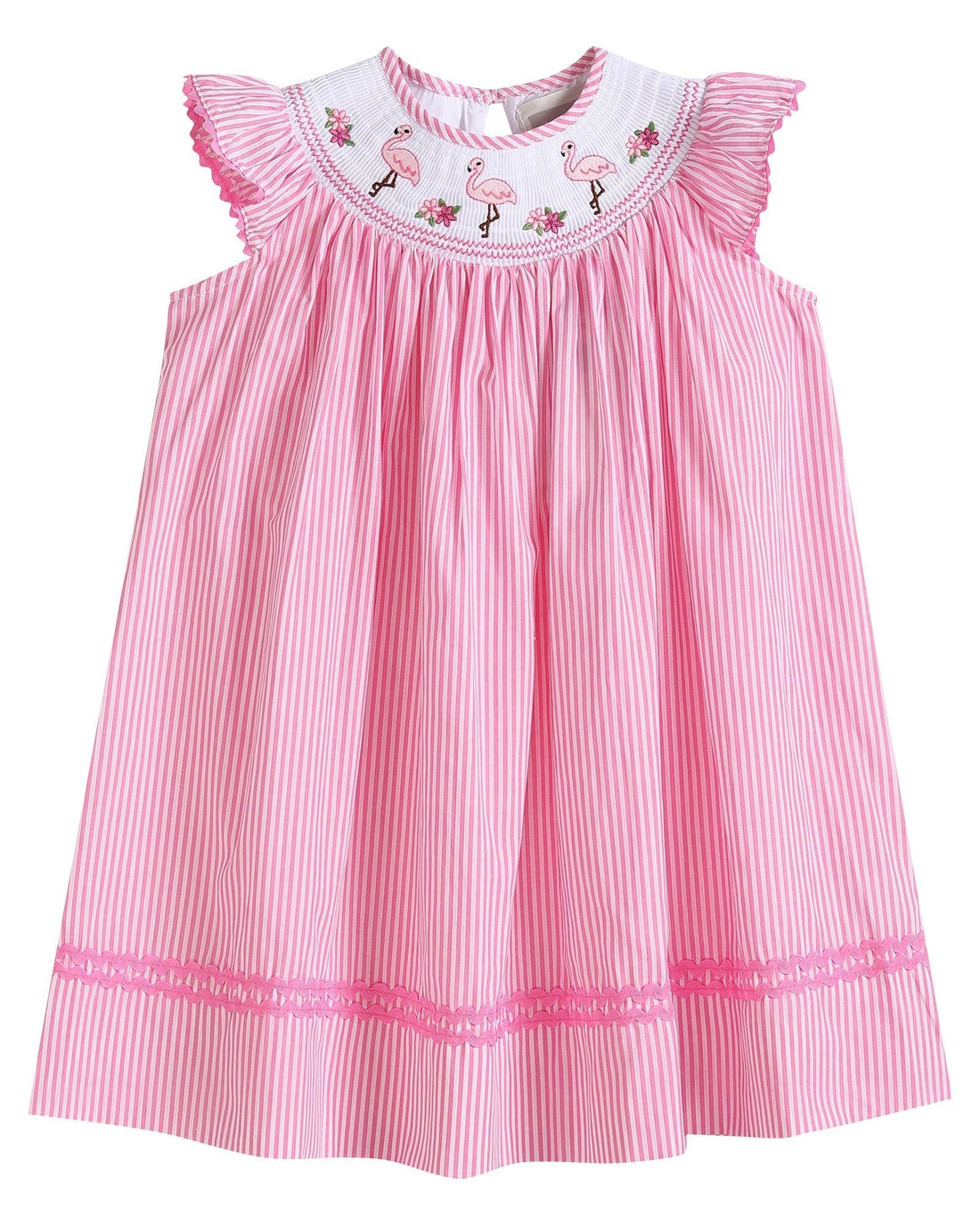 Pink Striped Flamingo Smocked Bishop Dress