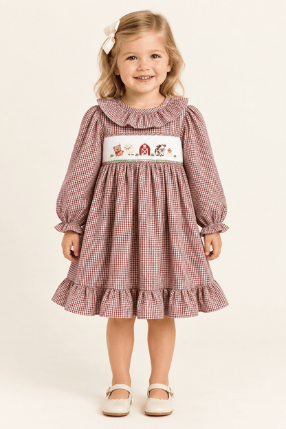 Red and Cream Gingham Farm Smocked Dress