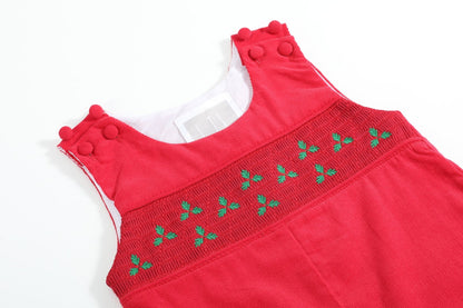 Red Corduroy Mistletoe Smocked Overalls