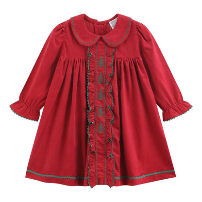 Red Corduroy Ruffle Dress with Christmas Trees