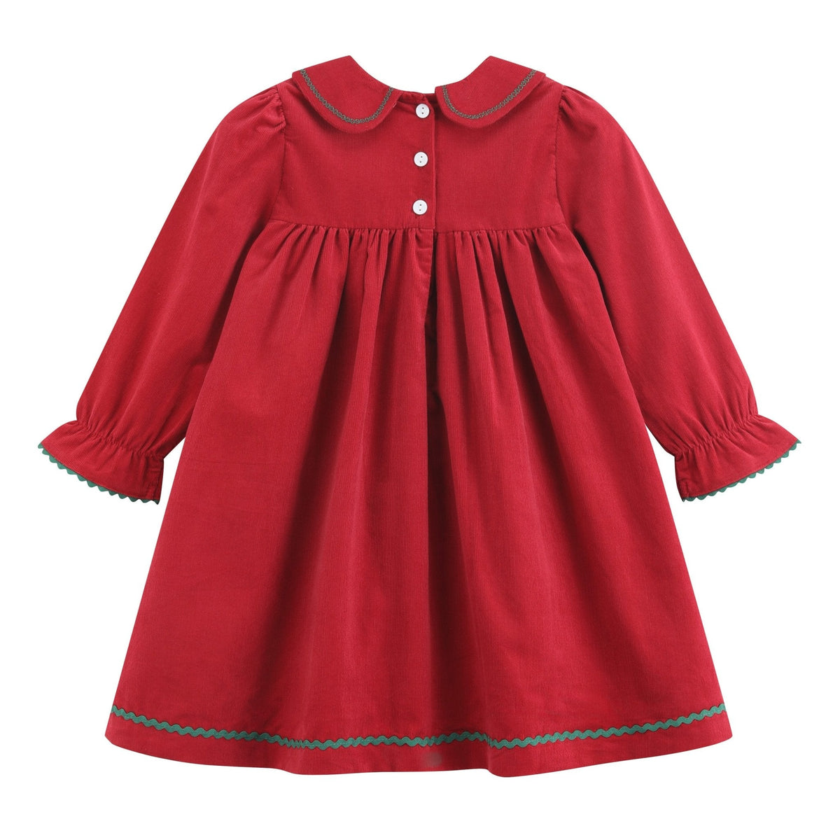 Red Corduroy Ruffle Dress with Christmas Trees