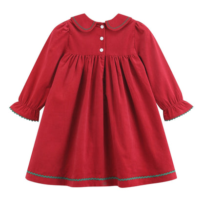 Red Corduroy Ruffle Dress with Christmas Trees