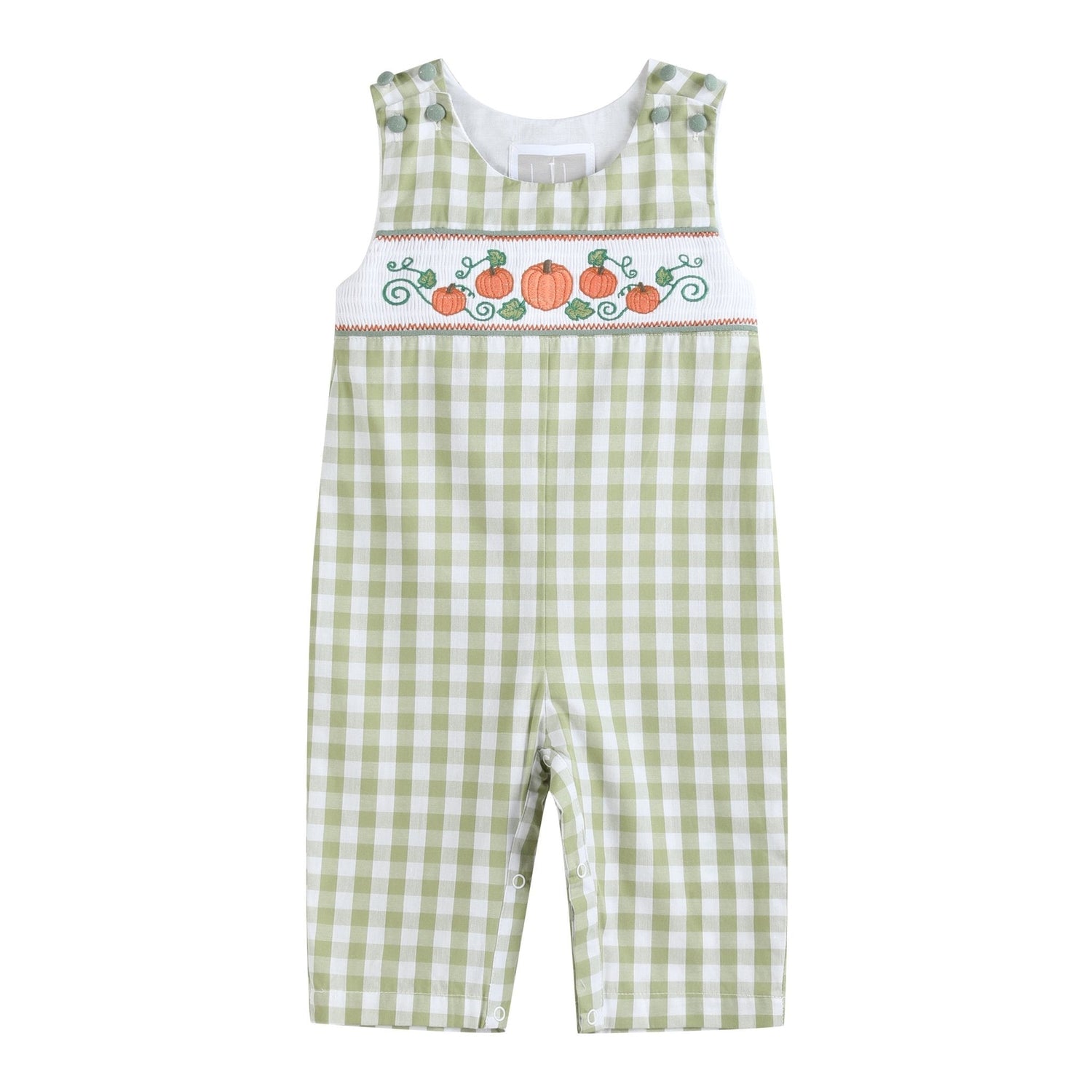 Sage Green Gingham Pumpkin Smocked Overalls