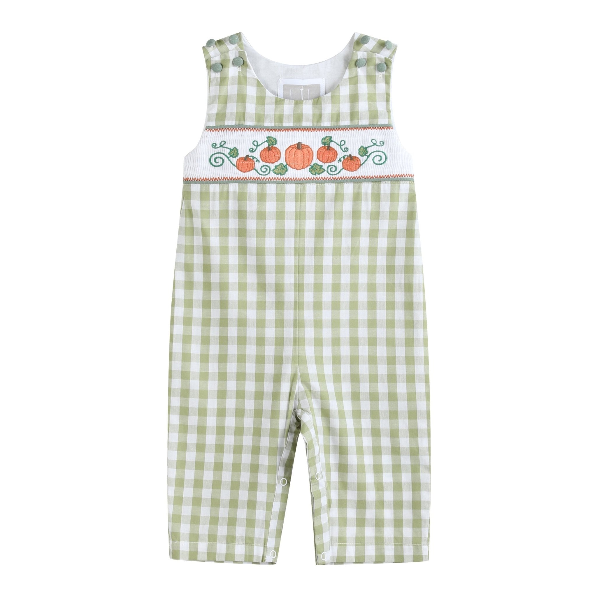 Sage Green Gingham Pumpkin Smocked Overalls