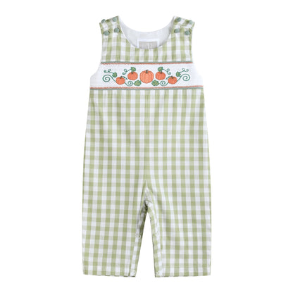 Sage Green Gingham Pumpkin Smocked Overalls