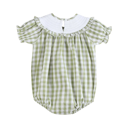 Sage Green Gingham Pumpkin Smocked Romper