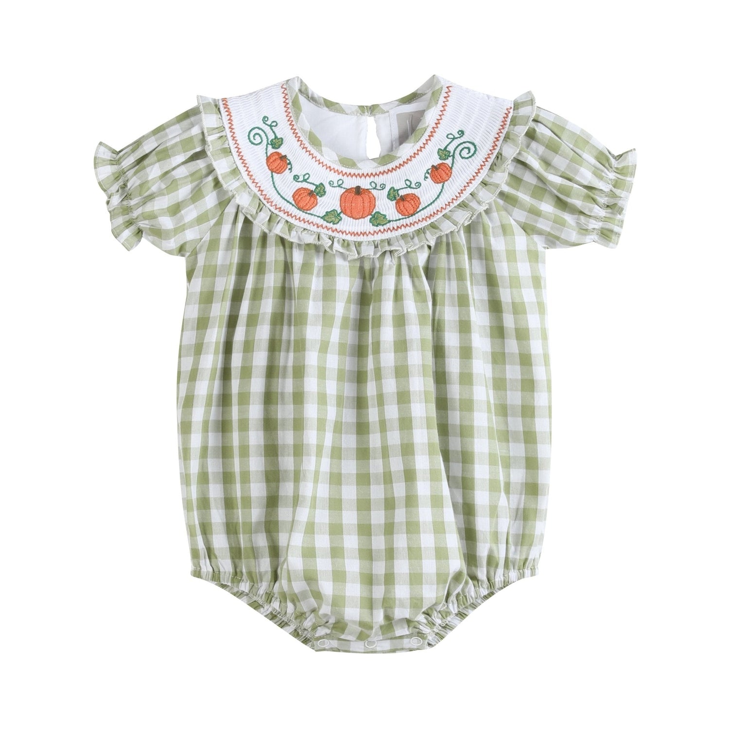 Sage Green Gingham Pumpkin Smocked Romper