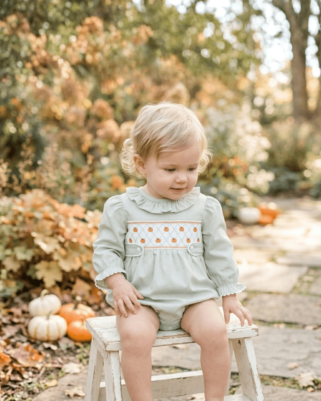 Sage Green Pumpkin Smocked Ruffle Bubble Romper