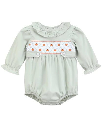 Sage Green Pumpkin Smocked Ruffle Bubble Romper