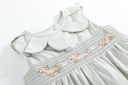 Sage Green Puppy Dog Petal Smocked Dress