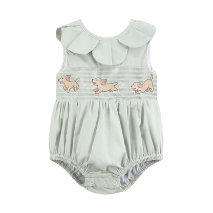 Sage Green Puppy Dog Petal Smocked Bubble Romper