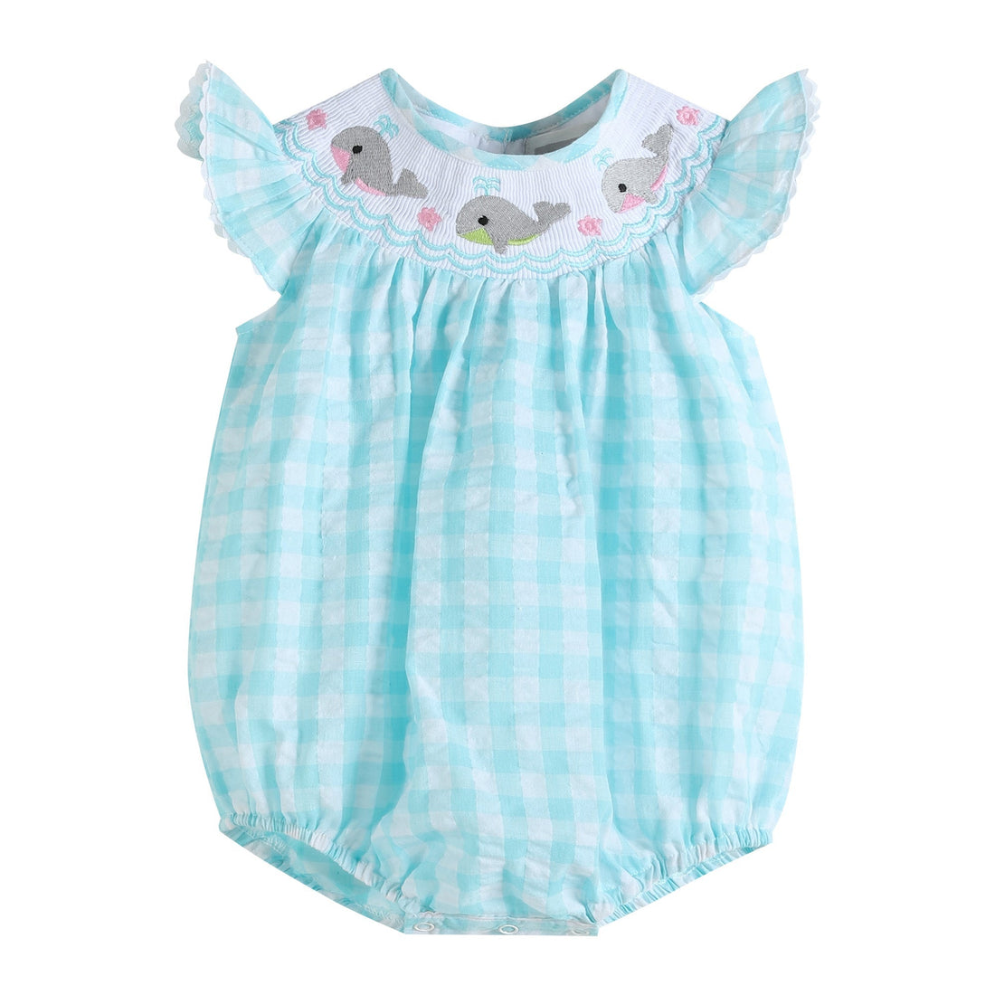 Turquoise Gingham Whale Smocked Flutter Bubble Romper