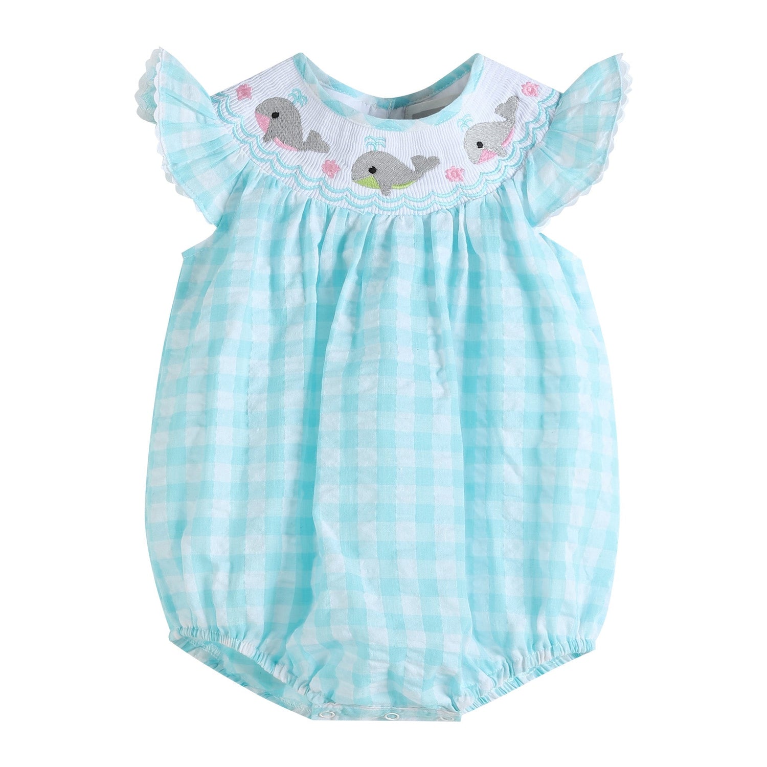 Turquoise Gingham Whale Smocked Flutter Bubble Romper