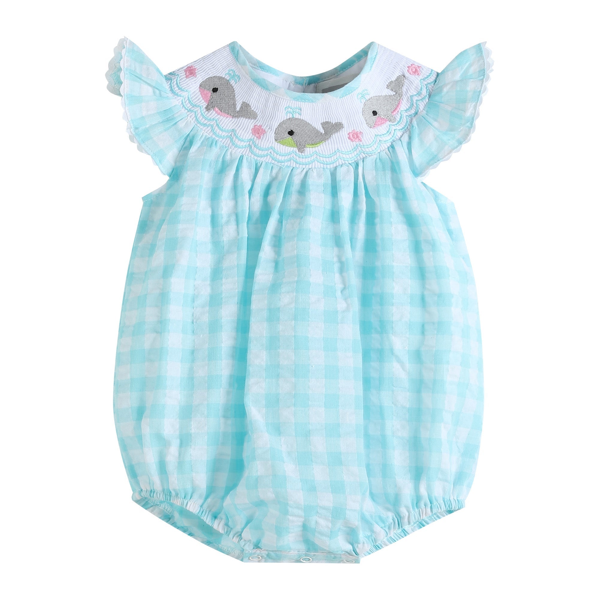 Turquoise Gingham Whale Smocked Flutter Bubble Romper
