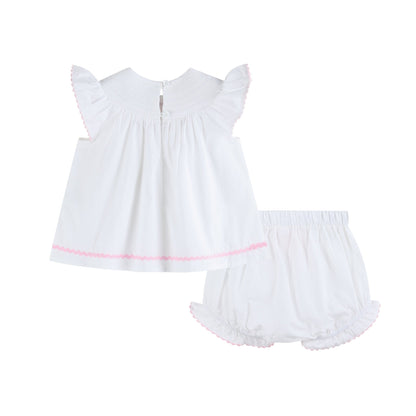 White and Pink Cross Smocked Dress and Bloomer Set