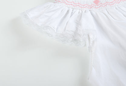 White and Pink Crosses Smocked Bishop Dress
