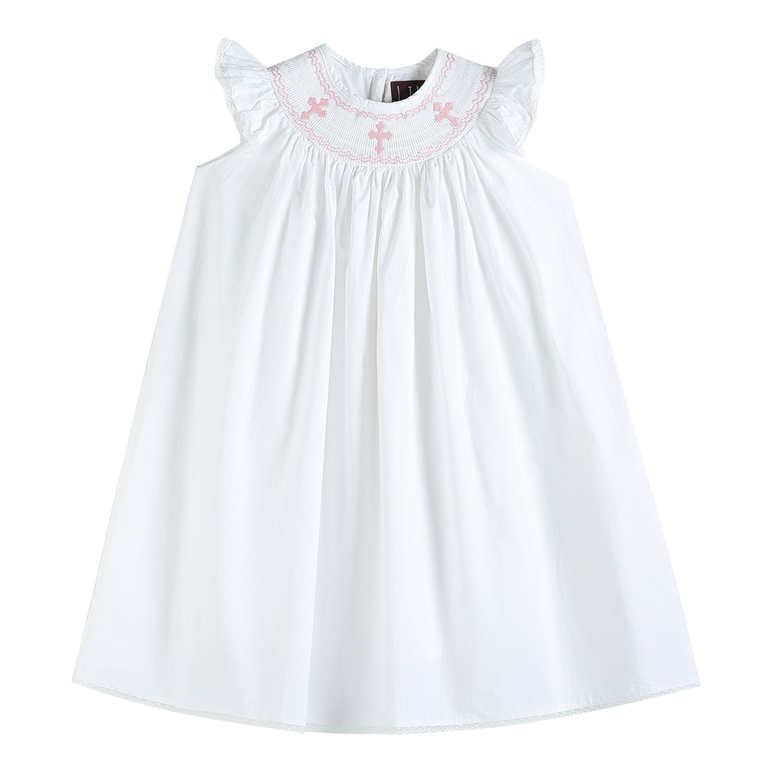 White and Pink Crosses Smocked Bishop Dress