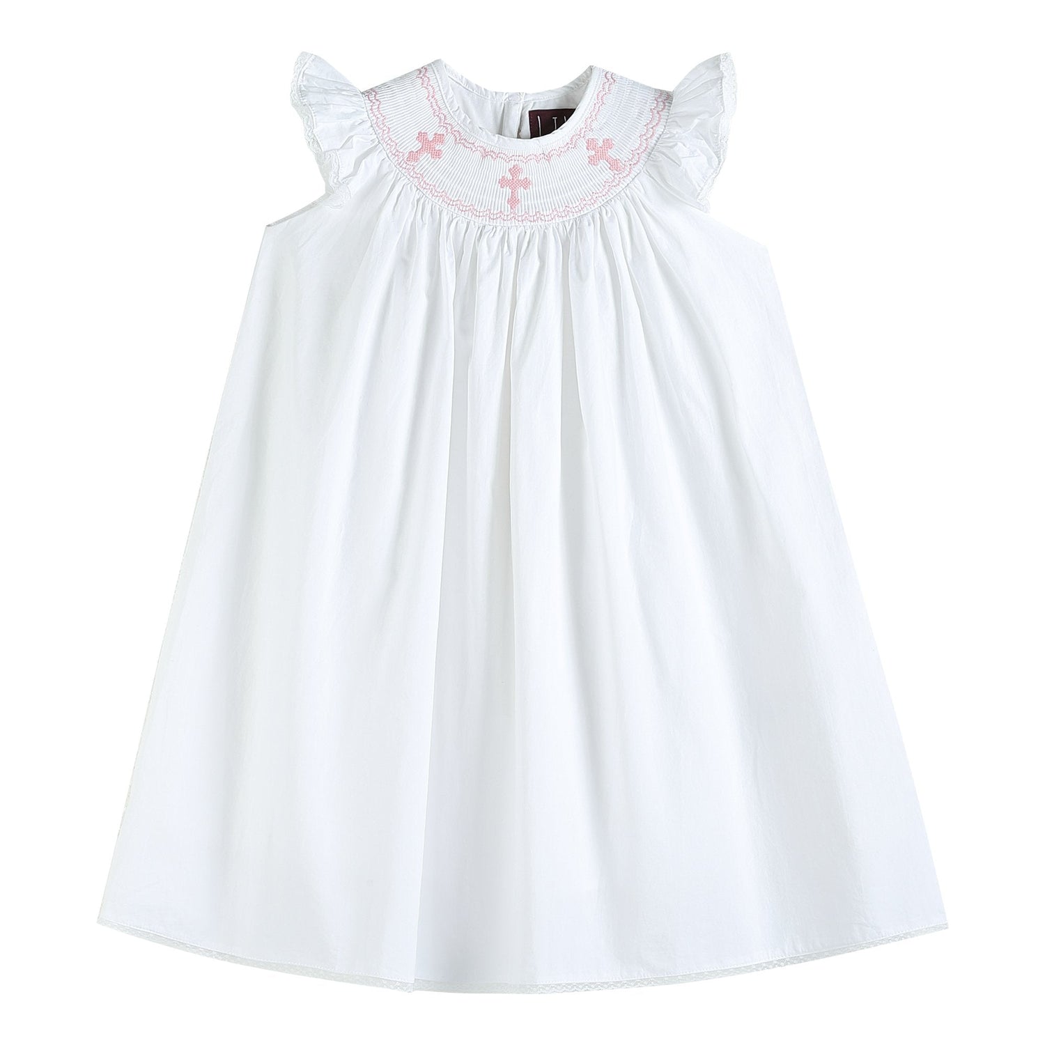 White and Pink Crosses Smocked Bishop Dress
