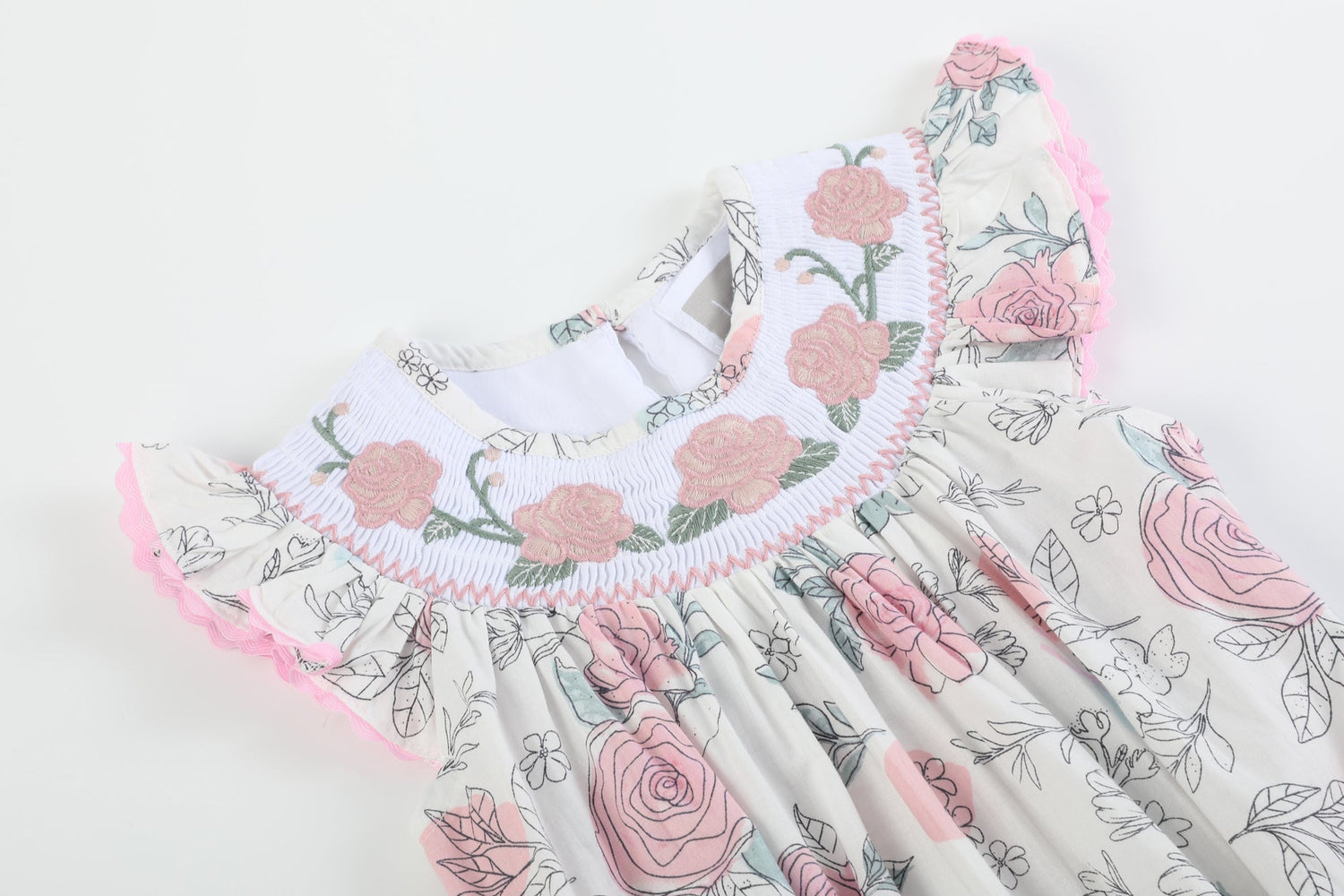 White and Pink Floral Smocked Flutter Romper