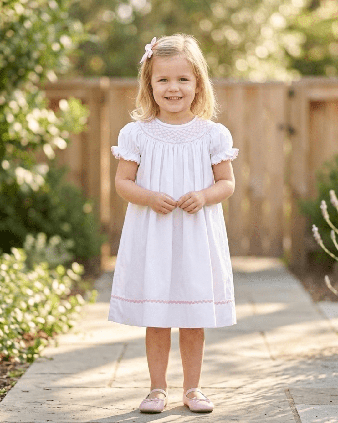 White and Pink Smocked Bishop Dress