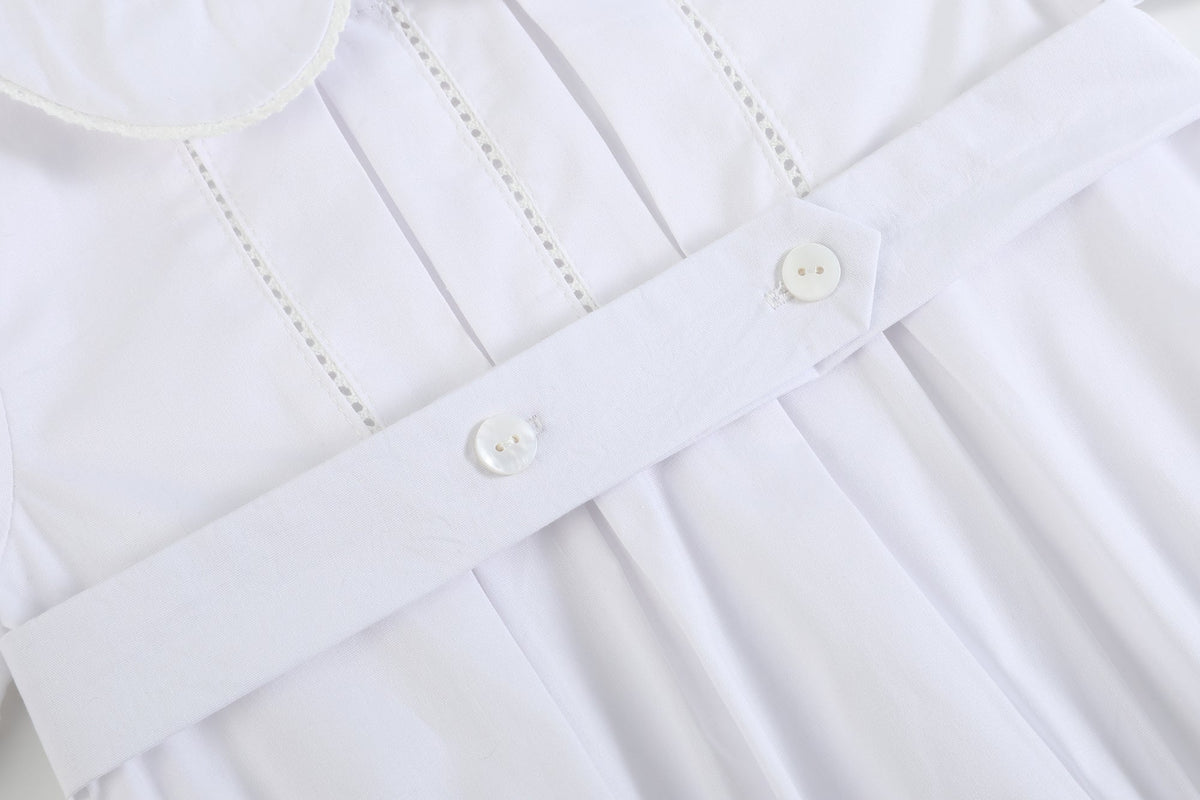 White Collared Button Romper with Bonnet