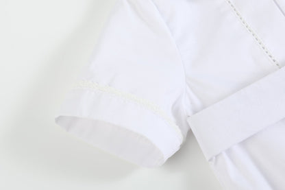White Collared Button Romper with Bonnet