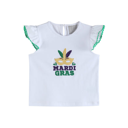White Mardi Gras Applique Ruffle Shirt