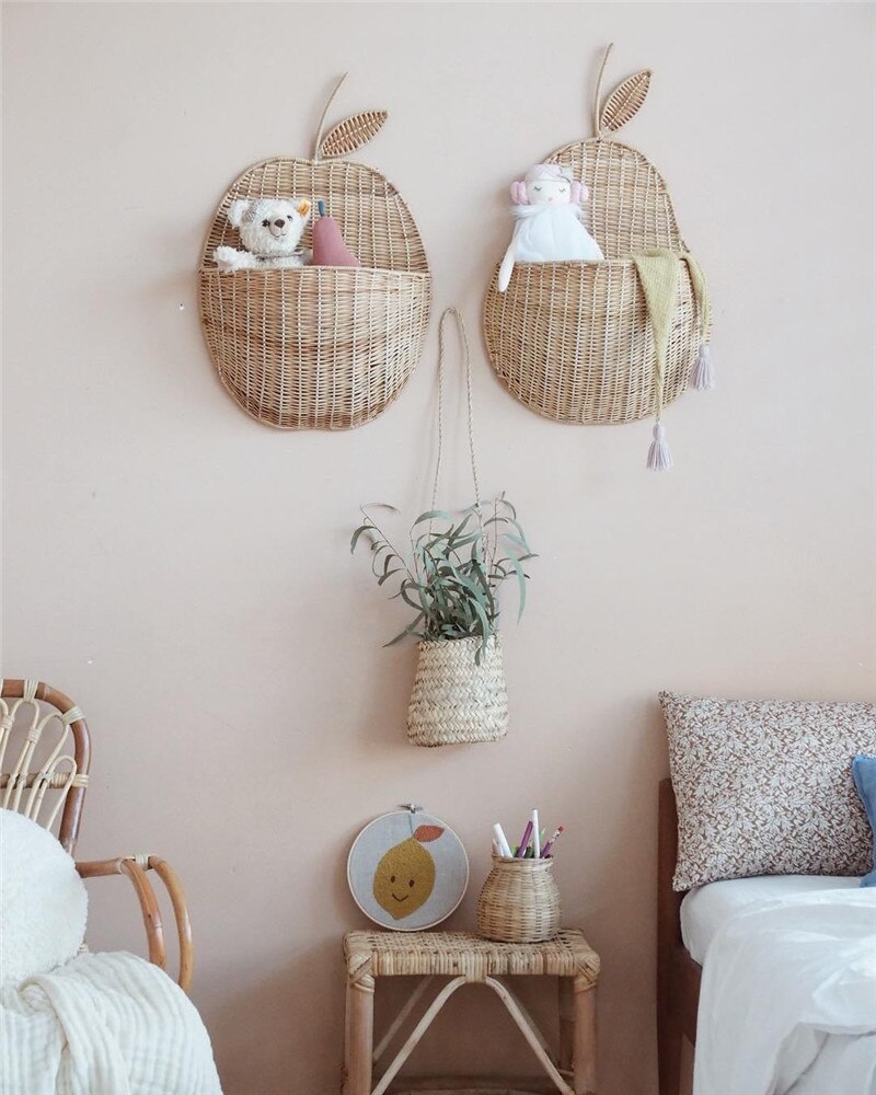 Rattan Apple/Pear Shape Wall Storage Basket - Wicker Organizer for Baby Nursery - Gathering Littles