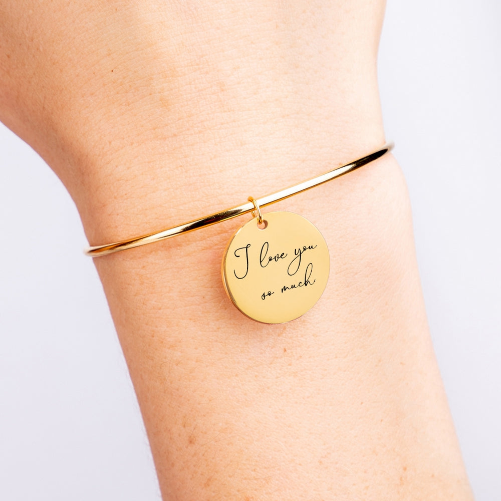 Custom Gold Handwriting Cuff Bracelet with Pendant, Handwritten Bracelet, Custom Handwriting Jewelry Gift - Gathering Littles