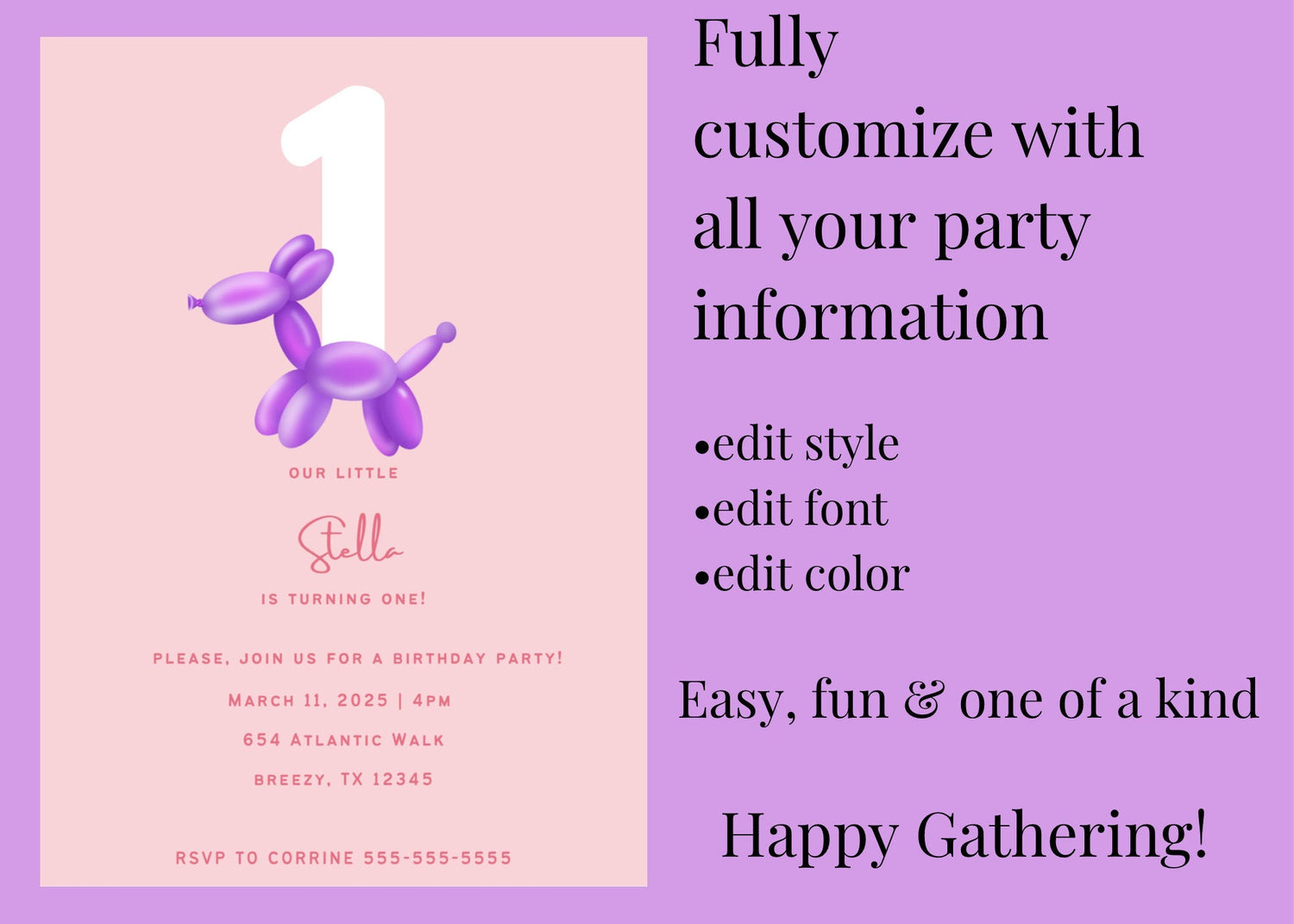 Balloon Animal First Birthday Invitation, Balloon Invitation, 1st birthday party, baby girl birthday, childrens birthday invitationproduct_type