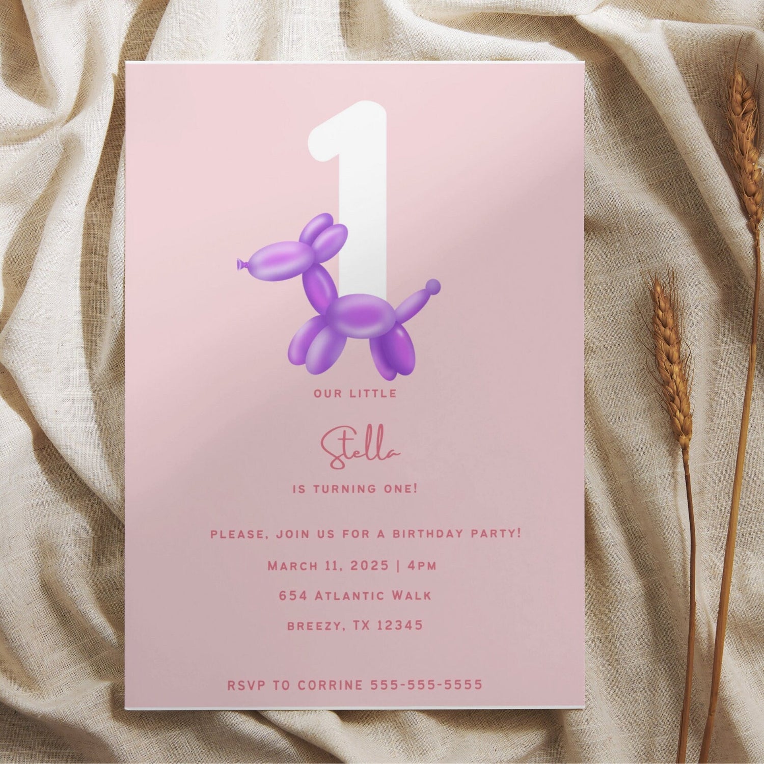 Balloon Animal First Birthday Invitation, Balloon Invitation, 1st birthday party, baby girl birthday, childrens birthday invitationproduct_type