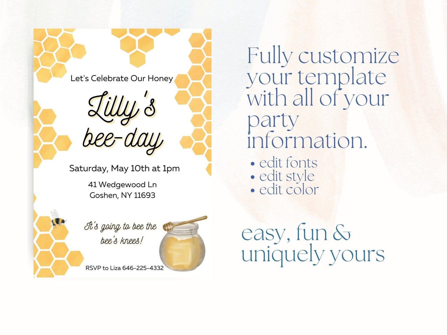 Bee Themed Birthday Invitation, Bee-Day Birthday, Bee-Day Birthday Invitation, Editable Bee Themed Inviteproduct_type