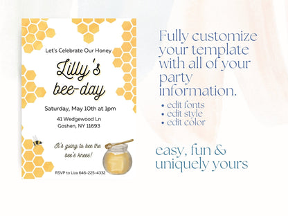 Bee Themed Birthday Invitation, Bee-Day Birthday, Bee-Day Birthday Invitation, Editable Bee Themed Inviteproduct_type