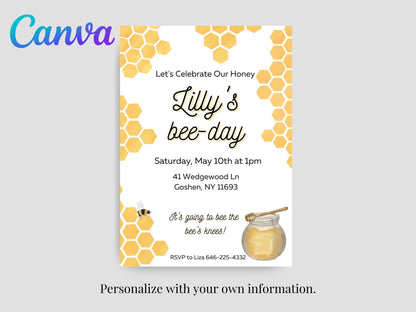 Bee Themed Birthday Invitation, Bee-Day Birthday, Bee-Day Birthday Invitation, Editable Bee Themed Inviteproduct_type