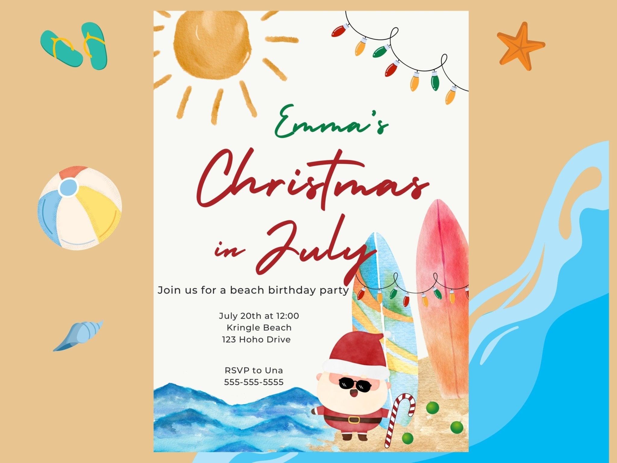 Christmas in July Invitation, beach party Invitation, children&