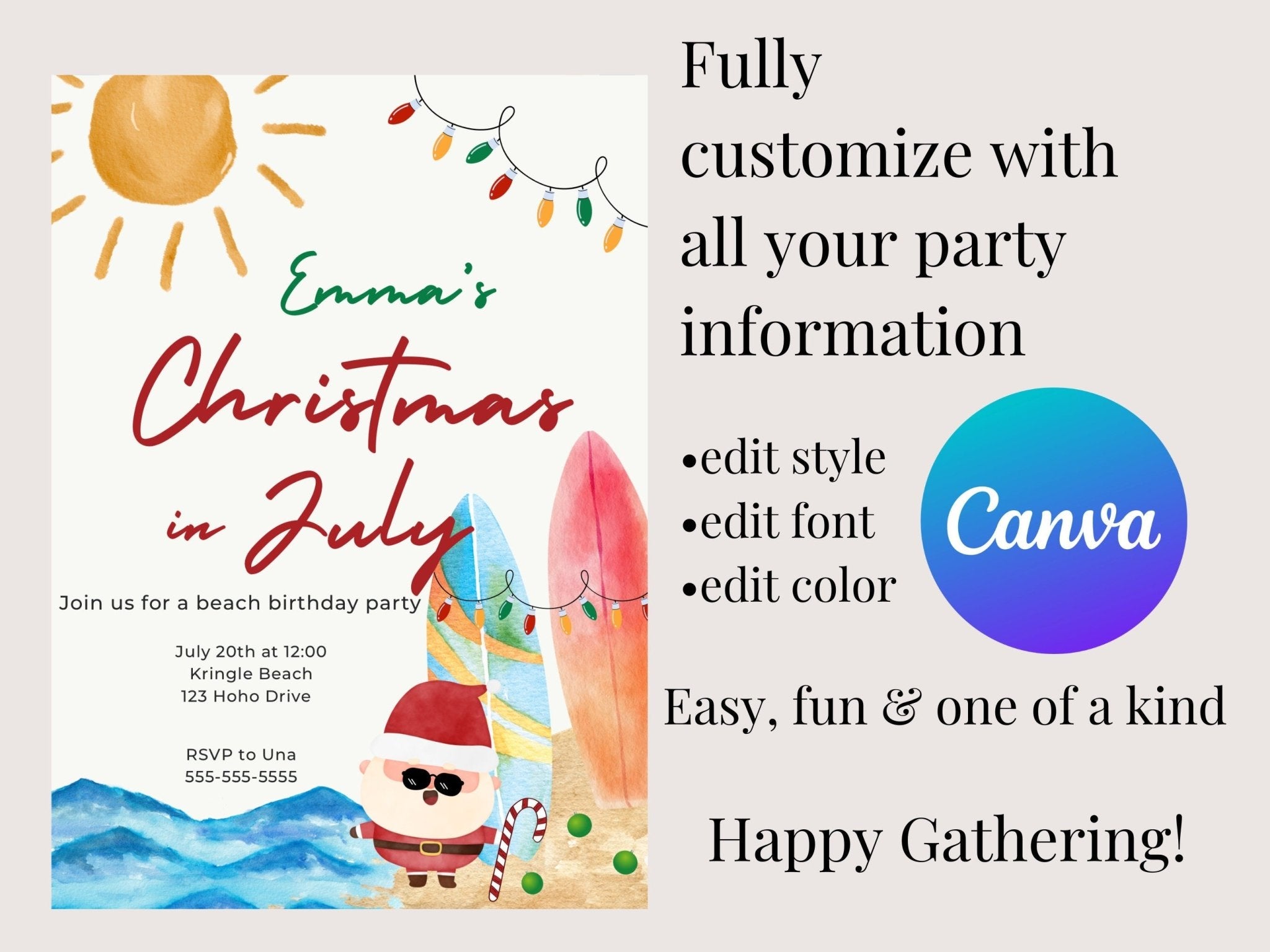 Christmas in July Invitation, beach party Invitation, children&