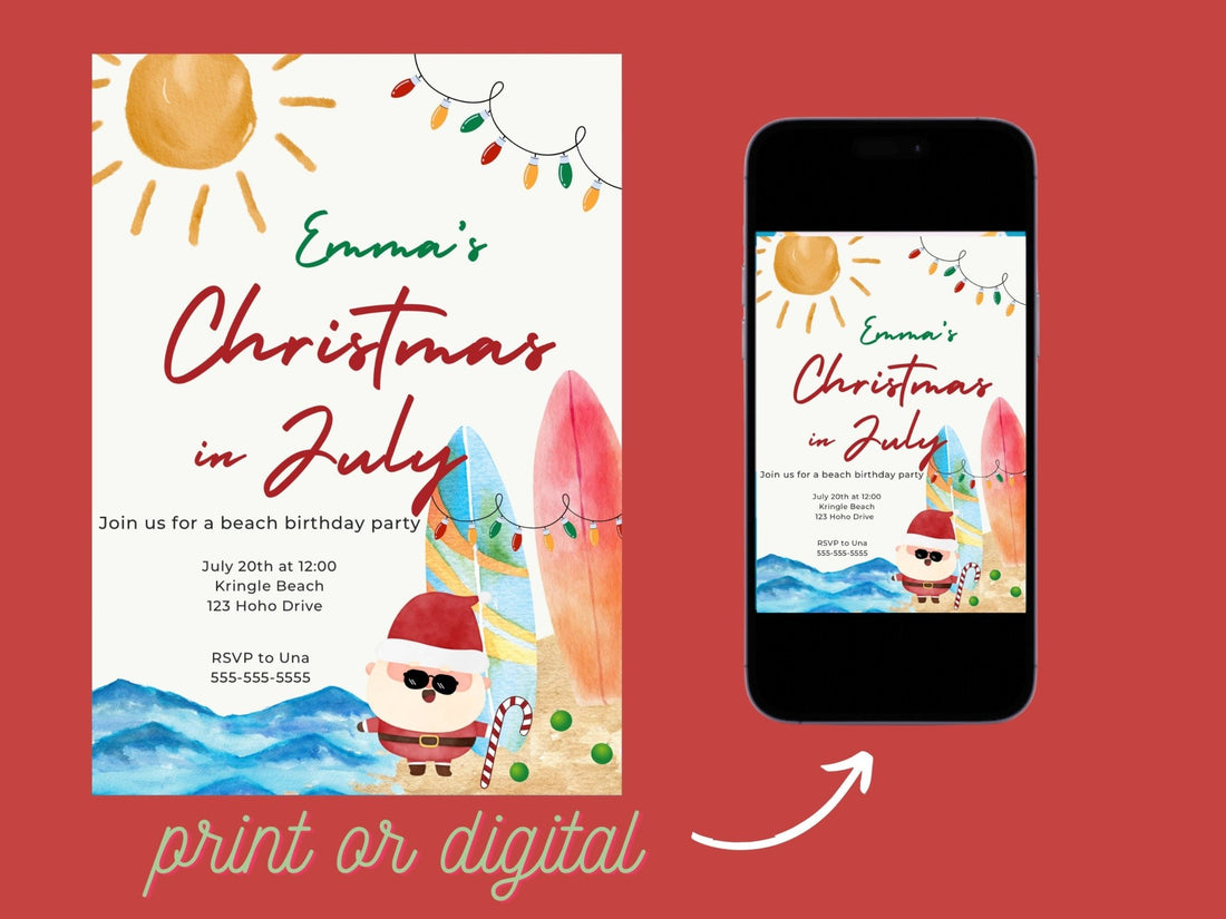 Christmas in July Invitation, beach party Invitation, children&