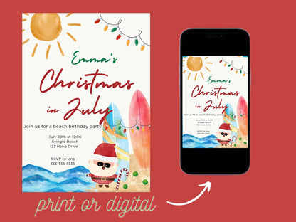 Christmas in July Invitation, beach party Invitation, children&