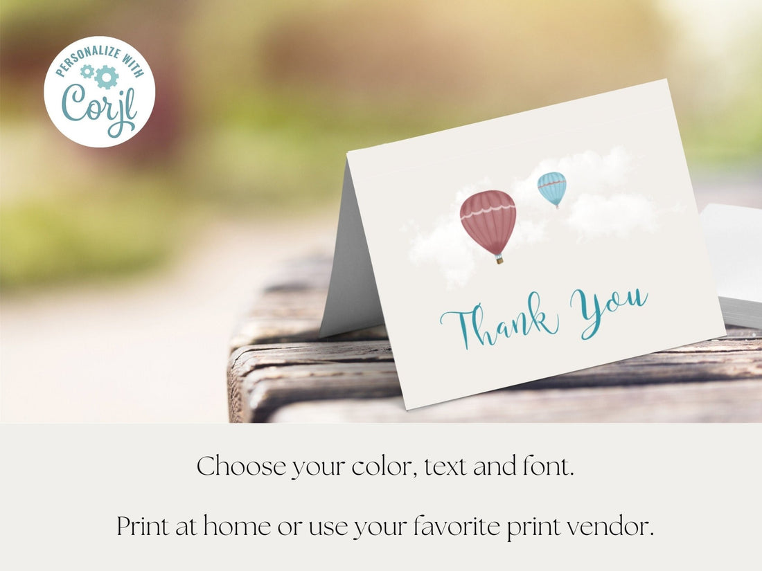 Customizable Baby Shower Thank You Card Template with Hot Air Balloon Design, Whimsical Thank You Cardproduct_type