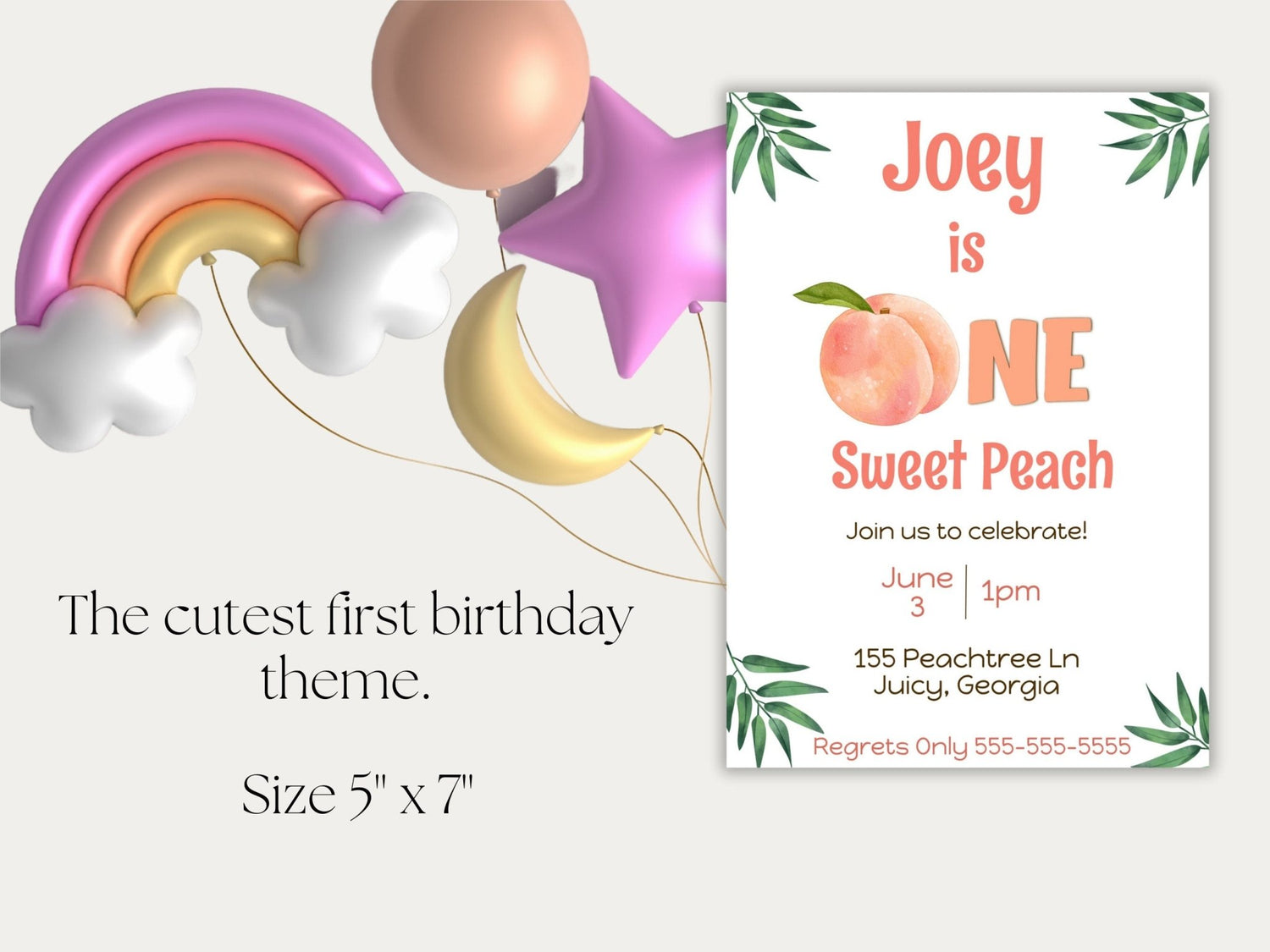 First Birthday Invitation Template Baby is ONE Sweet Peach | Customizable Minimalist First Birthday Invitationproduct_type