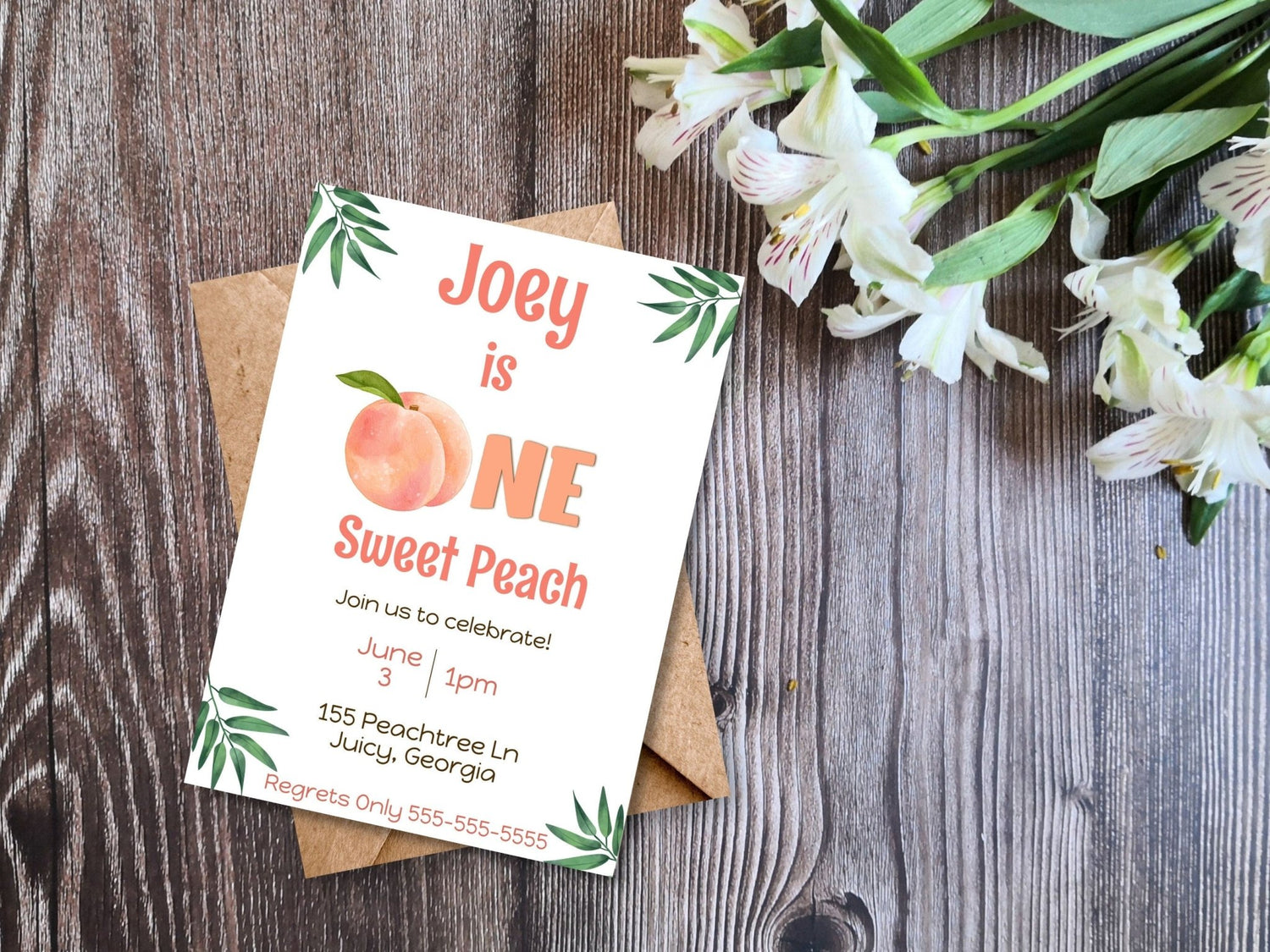 First Birthday Invitation Template Baby is ONE Sweet Peach | Customizable Minimalist First Birthday Invitationproduct_type