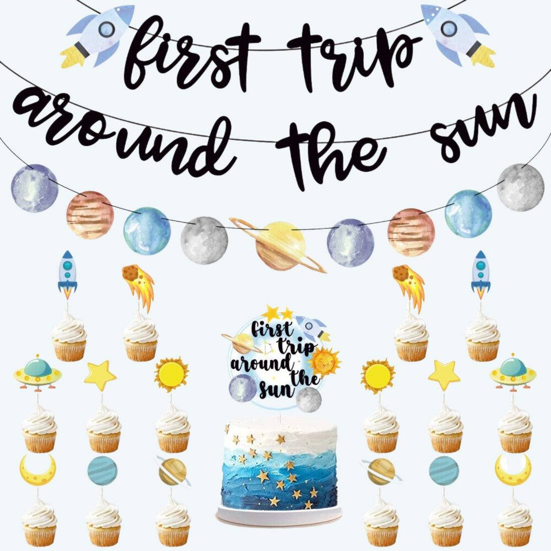 First Trip Around the Sun Space Birthday Party Decorations - Blast Off with Astronauts, Rockets, and Planet Cake Toppers and Decorproduct_type