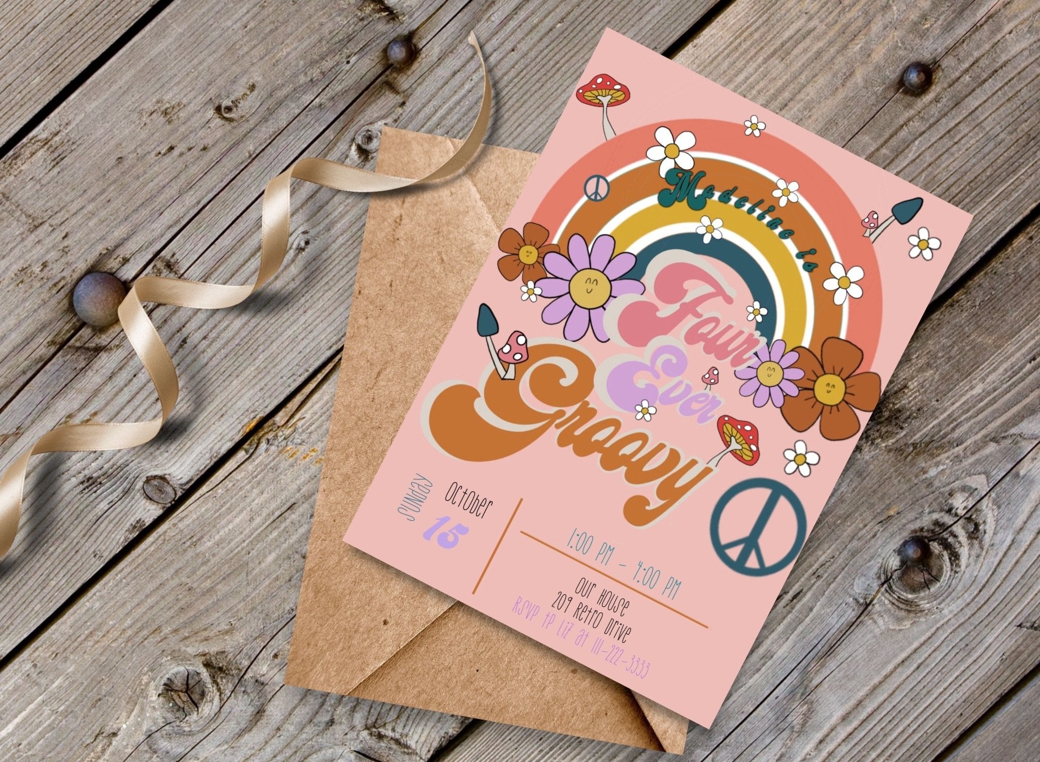 Four Ever Groovy birthday invitation template | Four ever groovy Birthday Digital Invitation Template | Retro Themeproduct_type