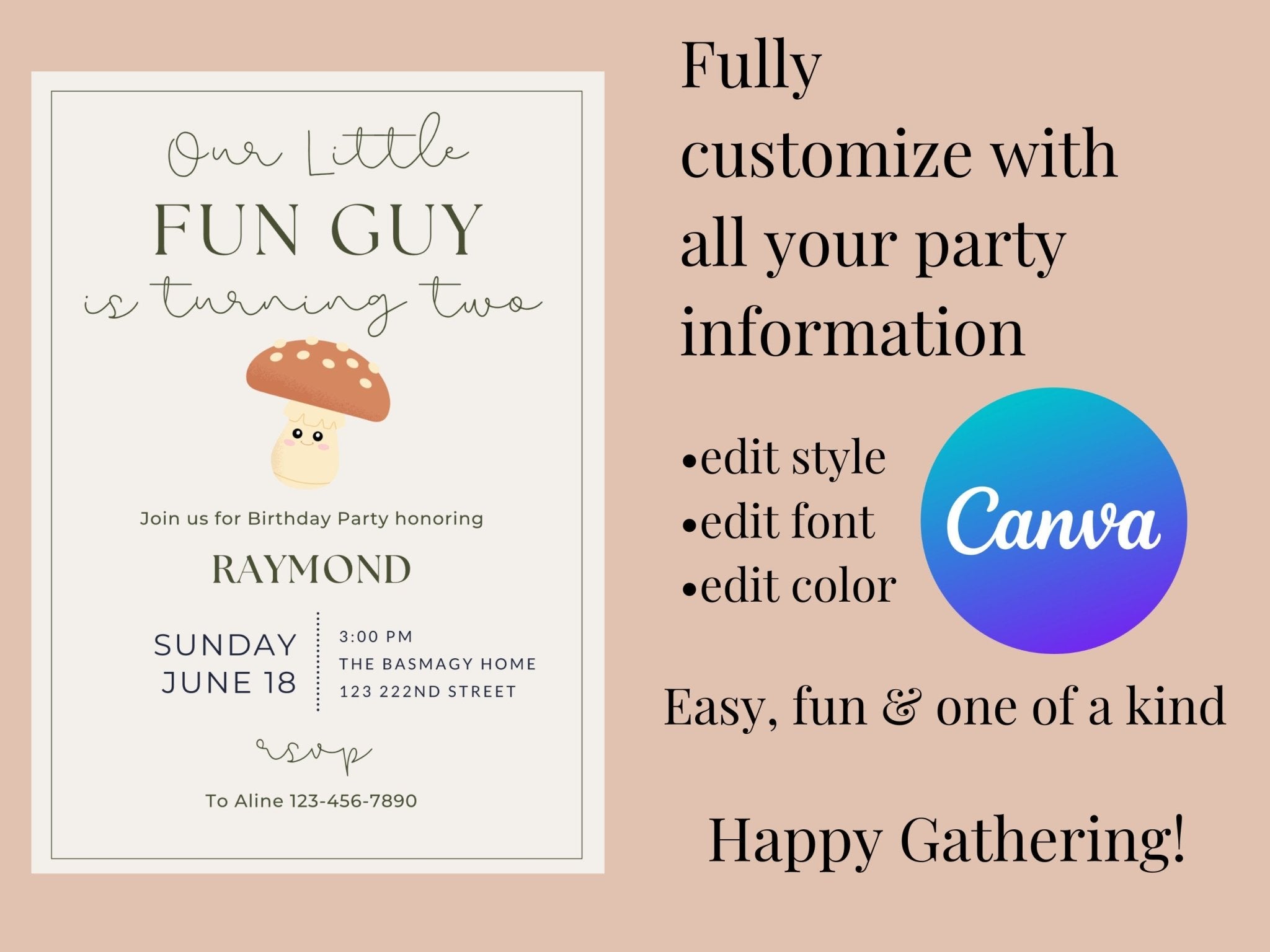 Fun-Guy Birthday Invitation, Mushroom Invitation, children&