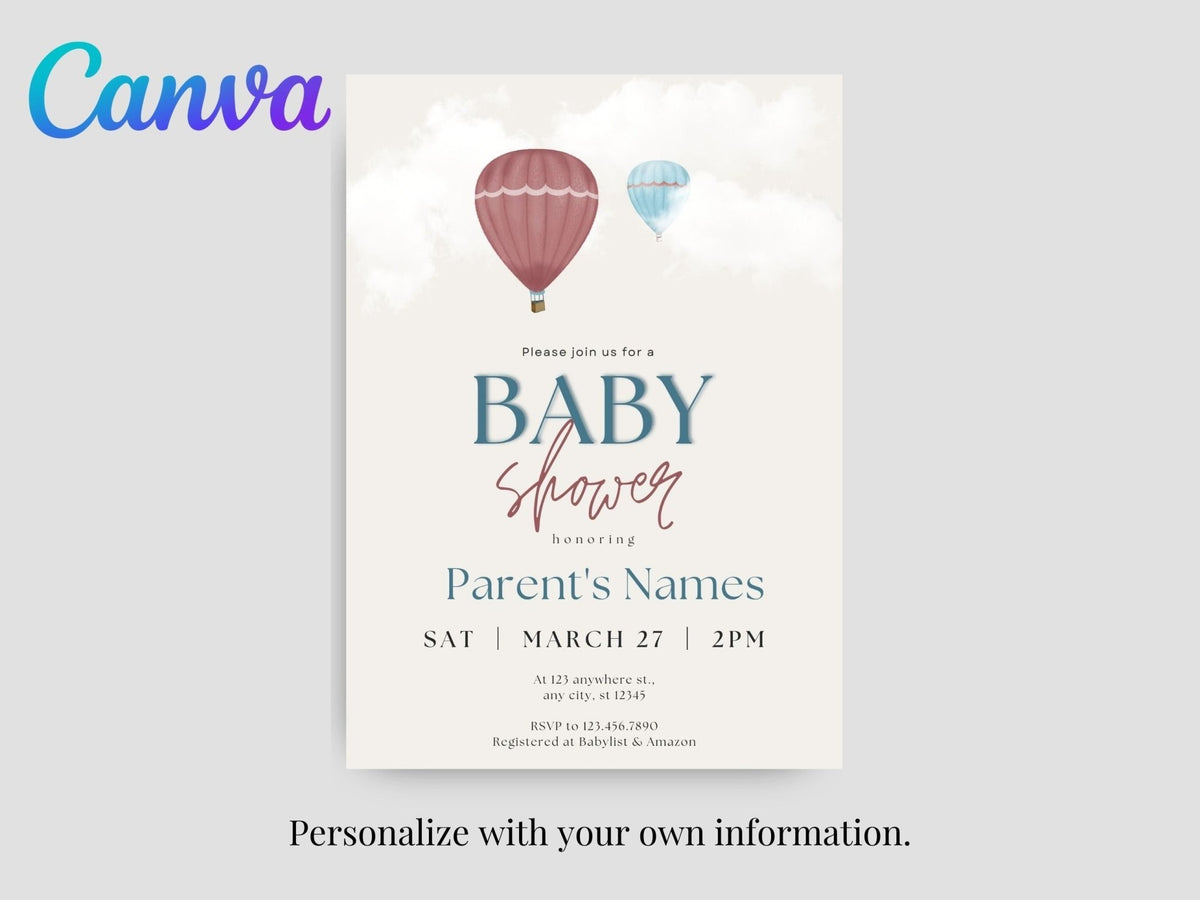 Gender Neutral Baby Shower Invitations, Whimsical Baby Shower Template, Digital Baby Shower Invitation, Hot Air Balloonsproduct_type