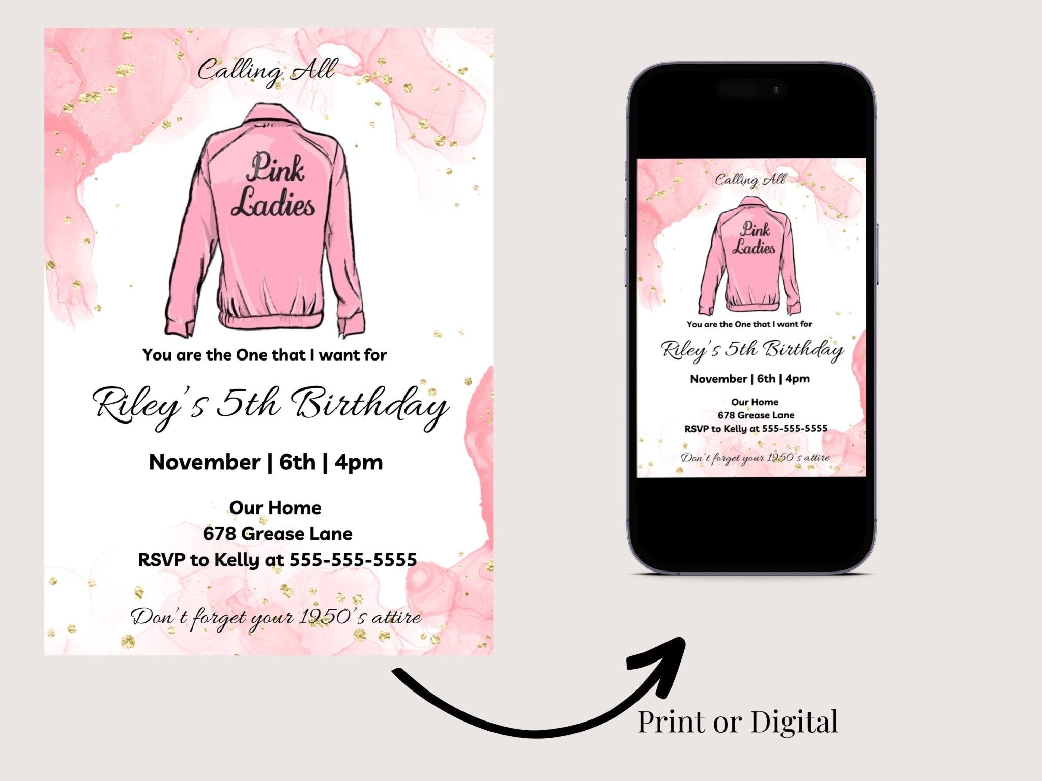 Grease Birthday Invitation, Pink Ladies Invitation, Children&